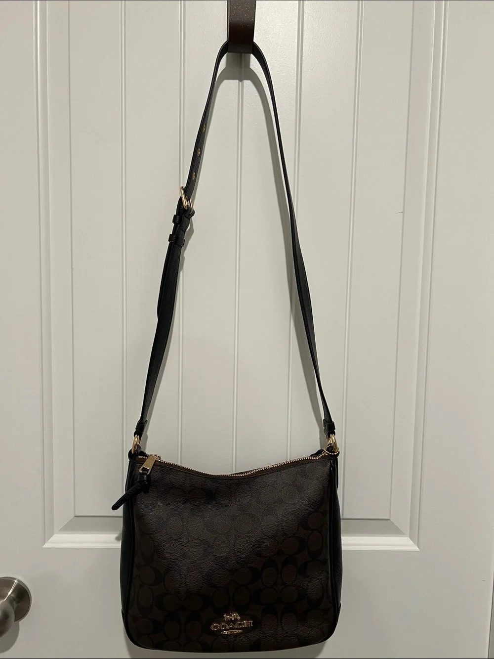 Coach Dark Brown Signature Crossbody Bag with Black Strap